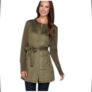 H by Halston Olive Belted Cardigan Jacket Zip Up Size 6 Faux Suede and Cotton